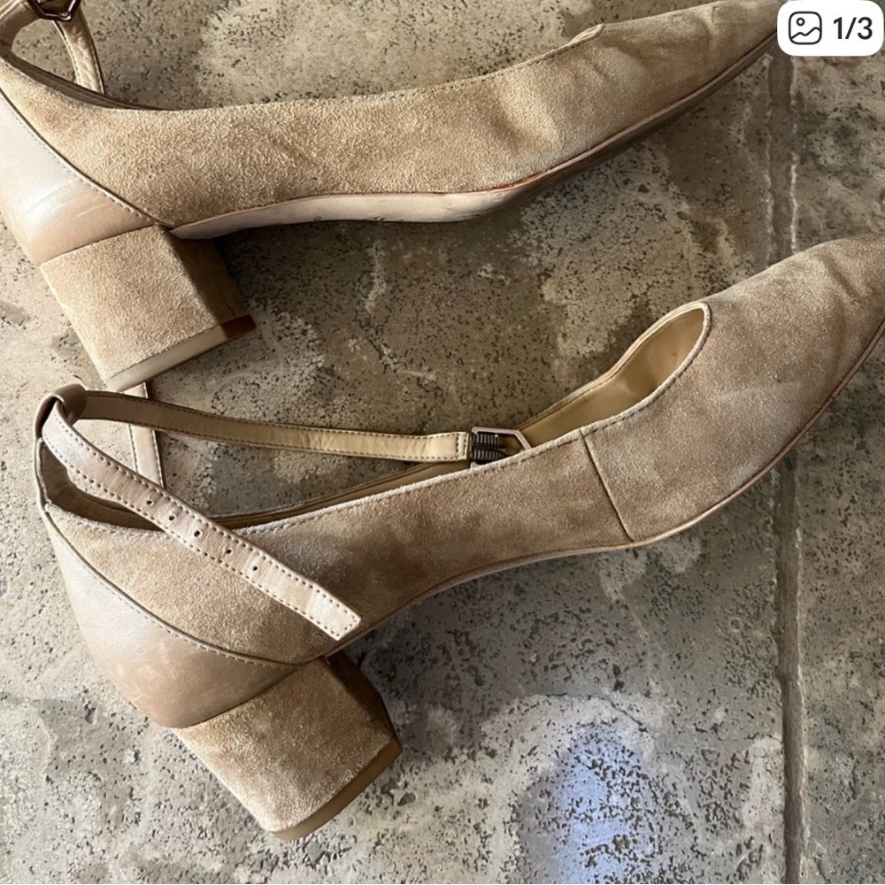 Sam Edelman Beige Suede Low Block Heel Pumps with Ankle Strap